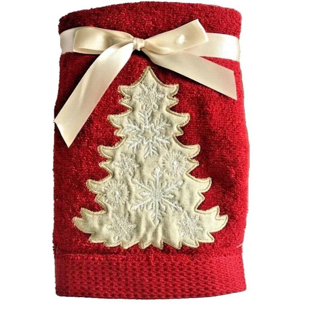 Christmas Tree Hand Towels Snowflake Appliqued Holiday Embroidered Red Set of 2
